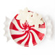 Ceramic dessert plate shaped like a red and white swirled peppermint candy, holding snowflake cookies (styled detail view)