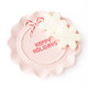Blush pink ceramic dessert plate with 'Happy Holidays' lettering and a peppermint bow (alternate angle)