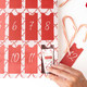 Peppermint Toile advent calendar with 12 numbered compartments holding assorted mini hand creams (shown in a styled setting)