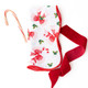Holly Jolly Bows scalloped dinner napkin with a red trim and pink and red bow print (close-up view)