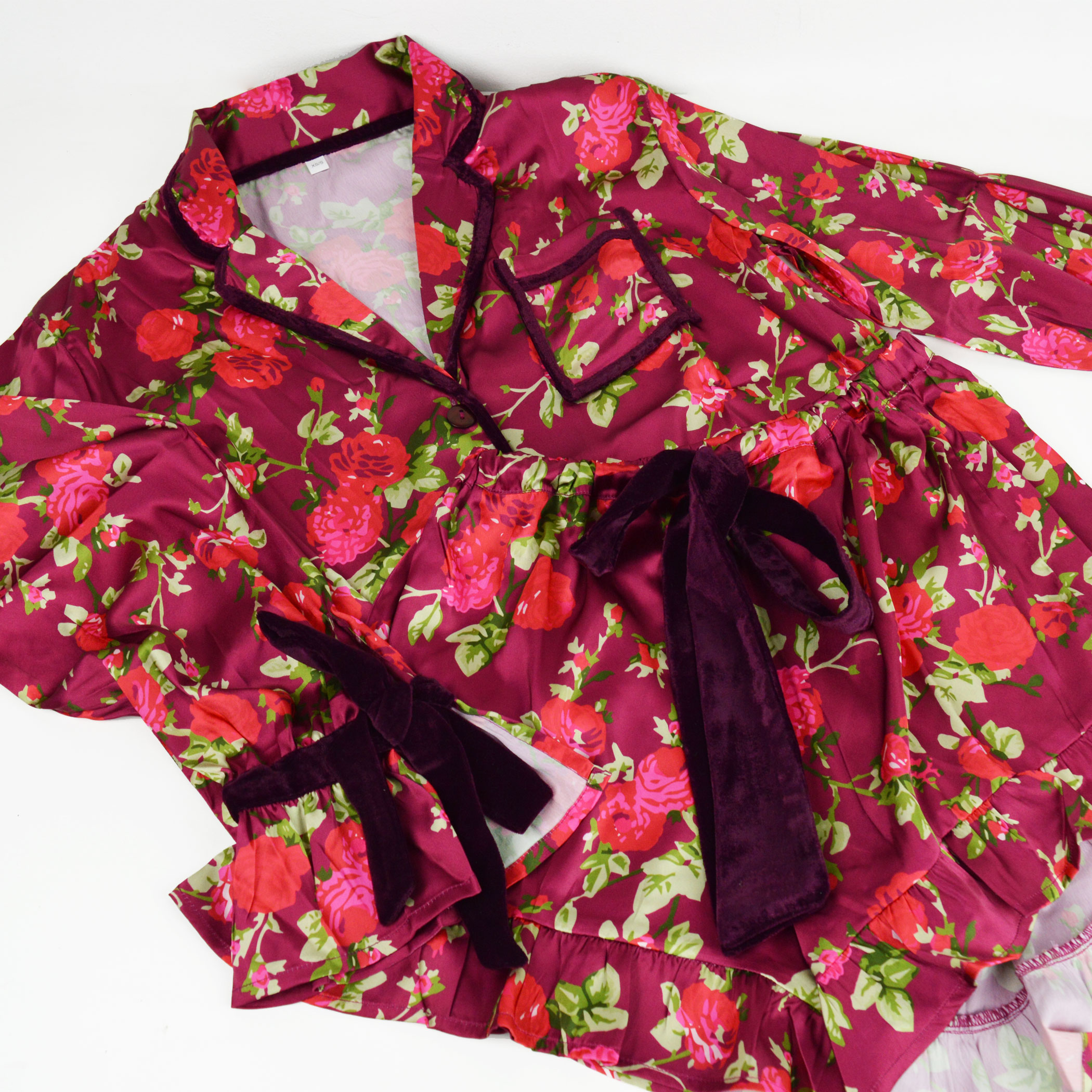 Burgundy Floral Satin Ruffle Short PJ Set - 8 Oak Lane