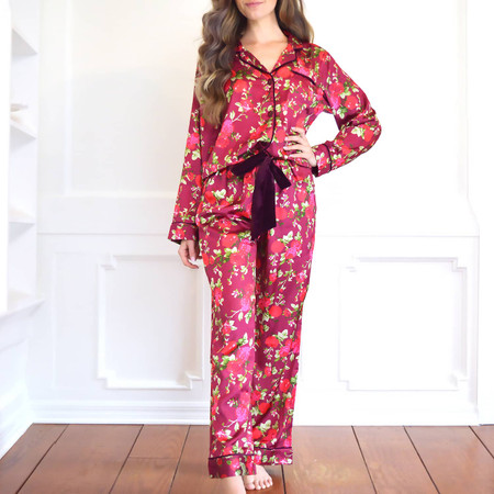 Burgundy Floral Satin Pant PJ Set - 8 Oak Lane