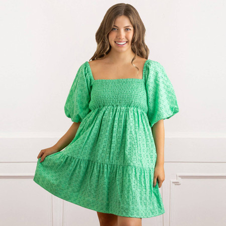 etoll. Jacquard puff sleeve dress グリーン ジャガードパフスリーブドレス｜パーティードレス・結婚式