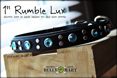 Rumble Lux is a double layered custom dog collar featuring synthetic crystal jewels, and flat studs.