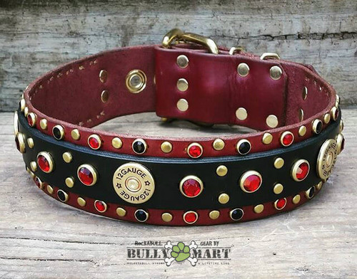 Black on burgundy leather w/ brass hardware, 12 gauge shotgun shell conchos, red & black jewels, and studded big dog custom leather dog collar.