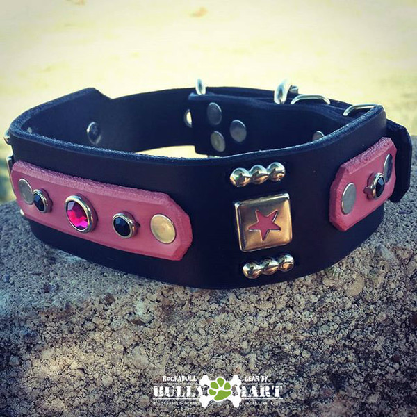 1.5" Tactical shown here in pink on black leather,  fuchsia & black jewels, and pink under star. Tapered buckle end also shown in this option. 