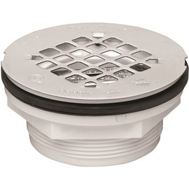 OATEY Round No-Caulk White PVC Shower Drain with 4-1/4 in. Round Snap-In Stainless Steel Drain Cover