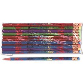 MOON PRODUCTS DECORATED WOOD PENCIL, HAPPY BIRTHDAY, #2, BLK/BE/GN/PE/RD, DOZEN