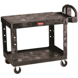 Rubbermaid Commercial Products Heavy-Duty 2-Shelf Resin Utility Cart in Black with Flat Shelf in Medium