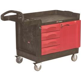 Rubbermaid Commercial Products 26.25 in. x 49 in. x 38 in. 4-Drawers Small Utility Cart in Red/Black with Cabinet