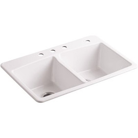 KOHLER Brookfield White Cast Iron 33 in. 4-Hole Double Bowl Drop-in Kitchen Sink