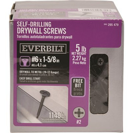 Everbilt #6 x 1-5/8 in. Phillips Bugle-Head Self-Drilling Drywall Screw 5 lbs./Box (1140-Pack) Everbilt #6 x 1-5/8 in. Phillips Bugle-Head Self-Drilling Drywall Screw 5 lbs./Box (1140-Pack)