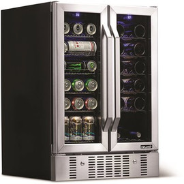 NewAir Dual Zone 24 in. Built-In 18-Bottle and 58 Can Wine and Beverage Cooler Fridge with French Doors - Stainless Steel