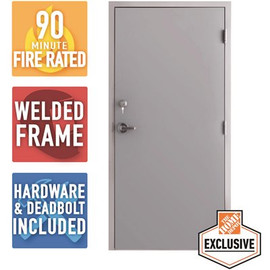 36 in. x 80 in. Fire-Rated Gray Left-Hand Flush Steel Prehung Commercial Door with Welded Frame, Deadlock and Hardware