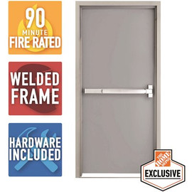 36 in. x 80 in. Fire-Rated Gray Left-Hand Flush Steel Prehung Commercial Door and Frame with Panic Bar and Hardware