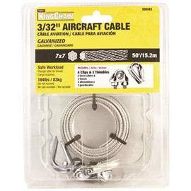 MIBRO 3/32 in. x 50 ft. 7x7 Galvanized Aircraft Cable with 4 Wire Rope Clips and 2 Thimbles Packaged
