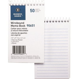 Business Source 3 in. x 5 in. Wirebound End Opening Wire Memo Book, White (50-Sheets)