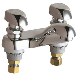 Chicago Faucets Deck Mounted, 4 In. Centerset, 2-Handle Hot and Cold Water Metering Bathroom Faucet with Chrome Plate Finish