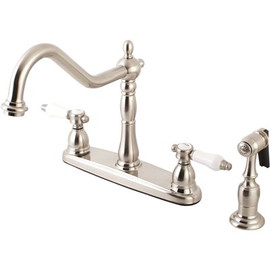 Kingston Brass Victorian English Porcelain 2-Handle Standard Kitchen Faucet with Side Sprayer in Brushed Nickel