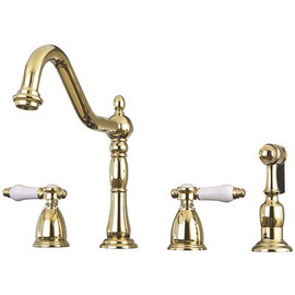 Kingston Brass Victorian Porcelain 2-Handle Standard Kitchen Faucet with Side Sprayer in Polished Brass
