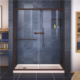 DreamLine Infinity-Z 32 in. x 60 in. Semi-Frameless Sliding Shower Door in Oil Rubbed Bronze with Left Drain Base in Biscuit