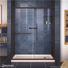 DreamLine Infinity-Z 32 in. x 60 in. Semi-Frameless Sliding Shower Door in Oil Rubbed Bronze with Right Drain Base in Biscuit
