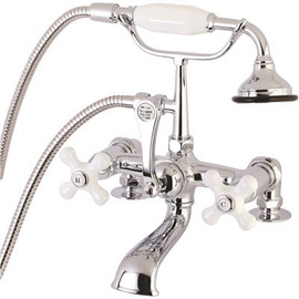 Kingston Brass Porcelain Cross 3-Handle Deck-Mount Claw Foot Tub Faucet with Handshower in Polished Chrome