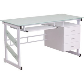 Flash Furniture 55 in. Rectangular Frosted/White 3 Drawer Computer Desks with Keyboard Tray