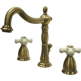 Kingston Brass Victorian Porcelain Cross 8 in. Widespread 2-Handle Bathroom Faucet in Antique Brass
