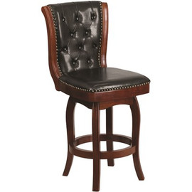 Carnegy Avenue 26 in. High Cherry Wood Counter Height Stool with Button Tufted Back and Black Leather Swivel Seat