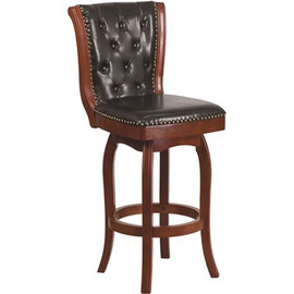 Carnegy Avenue 30 in. High Cherry Wood Bar Stool with Button Tufted Back and Black Leather Swivel Seat Carnegy Avenue 30 in. High Cherry Wood Bar Stool with Button Tufted Back and Black Leather Swivel Seat