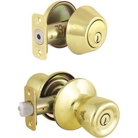 Defiant Waterbury Polished Brass Entry Knob and Single Cylinder Deadbolt Combo Pack