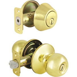 Defiant Saturn Polished Brass Keyed Entry Door Knob with Single Cylinder Deadbolt Combo Pack