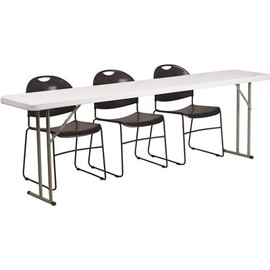 96 in. Black Plastic Tabletop Plastic Seat Folding Table and Chair Set