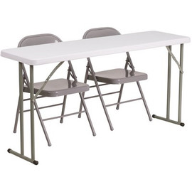 60 in. Gray Plastic Tabletop Metal Seat Folding Table and Chair Set