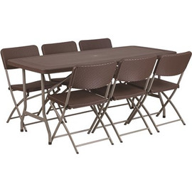 67.5 in. Brown Plastic Tabletop Plastic Seat Folding Table and Chair Set