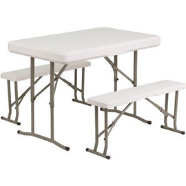 41 in. Granite White Plastic Tabletop Plastic Seat Folding Table and Bench Set