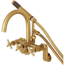 Kingston Brass Modern Adjustable 3-Handle Wall-Mount Claw Foot Tub Faucet with Handshower in Brushed Brass