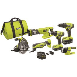 RYOBI ONE+ 18V Lithium-Ion Cordless 6-Tool Combo Kit with (2) Batteries, Charger, and Bag
