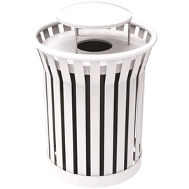 Plaza 36 Gal. White Steel Strap Trash Receptacle with Rain Bonnet Plaza 36 Gal. White Steel Strap Trash Receptacle with Rain Bonnet