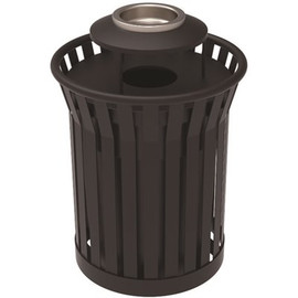 Plaza 36 Gal. Matte Black Steel Strap Trash Receptacle with Ash Urn