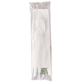 Eco-Products 6 in. Plant Ware White Wrapped Compostable Cutlery Kit with Fork, Knife, Spoon and Napkin (250 per case)
