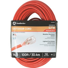 Southwire 100 ft. 14/3 SJTW Medium-Duty 13 Amp General Purpose Extension Cord with Lighted End
