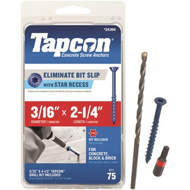 Tapcon 3/16 in. x 2-1/4 in. Star Flat-Head Concrete Anchors (75-Pack) Tapcon 3/16 in. x 2-1/4 in. Star Flat-Head Concrete Anchors (75-Pack)