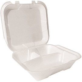 PLASTIFAR 9 in. x 9 in. x 3 in. 3-Compartment Hinged Foam Container, White (200 per Case)