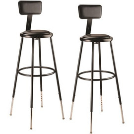 National Public Seating 32-39 in. Black Height Adjustable Heavy Duty Steel Frame Vinyl Padded Stool With Backrest (Pack of 2)
