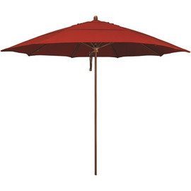 11 ft. Woodgrain Aluminum Commercial Market Patio Umbrella Fiberglass Ribs and Pulley Lift in Jockey Red Sunbrella