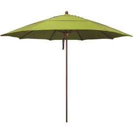 11 ft. Woodgrain Aluminum Commercial Market Patio Umbrella Fiberglass Ribs and Pulley Lift in Macaw Sunbrella