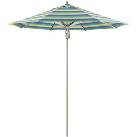 California Umbrella 7.5 ft. Silver Aluminum Commercial Market Patio Umbrella with Pulley Lift in Seville Seaside Sunbrella