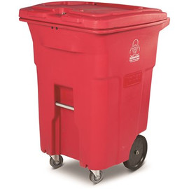 Toter 96 Gal. Red Hazardous Waste Trash Can with Wheels and Lid Lock (2 Caster Wheels 2 Stationary Wheels)